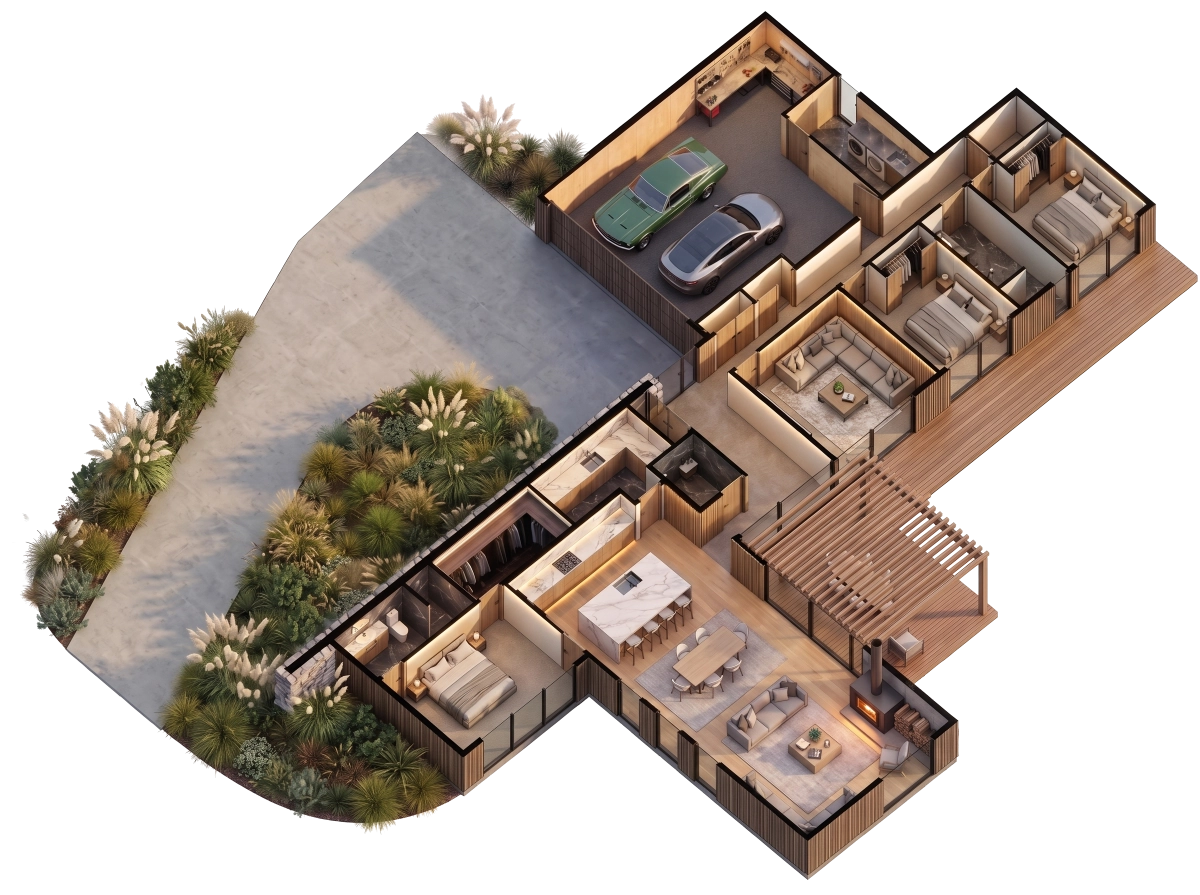 Axonometric 3D floor plan of a proposed residential concept at 34 Fairways, showing the house, garage, driveway, decks and landscaping.