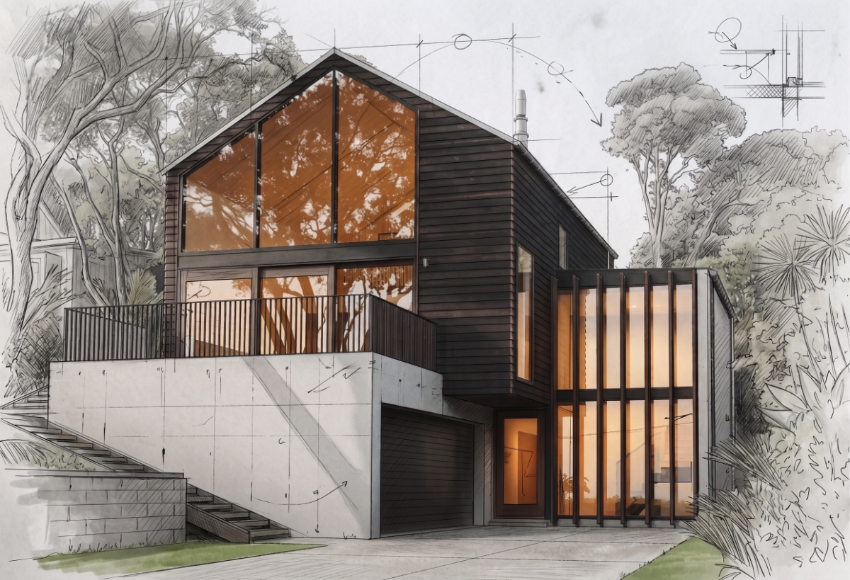 Illustrated architectural study of 92MT House showing its dark gabled volume, concrete base and glazed stair element.