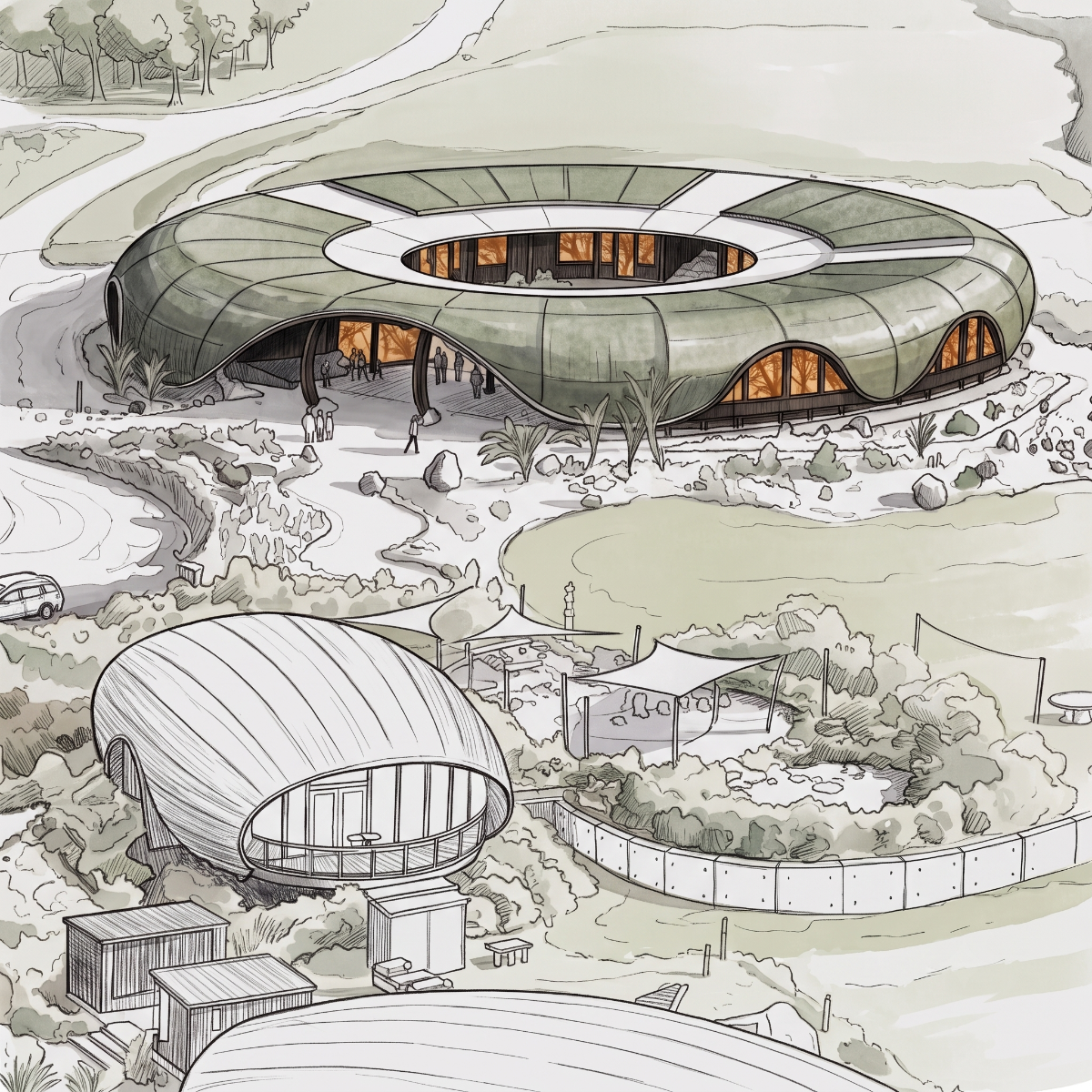 Illustrated architectural study of the circular Green School Kina building and surrounding campus landscape.