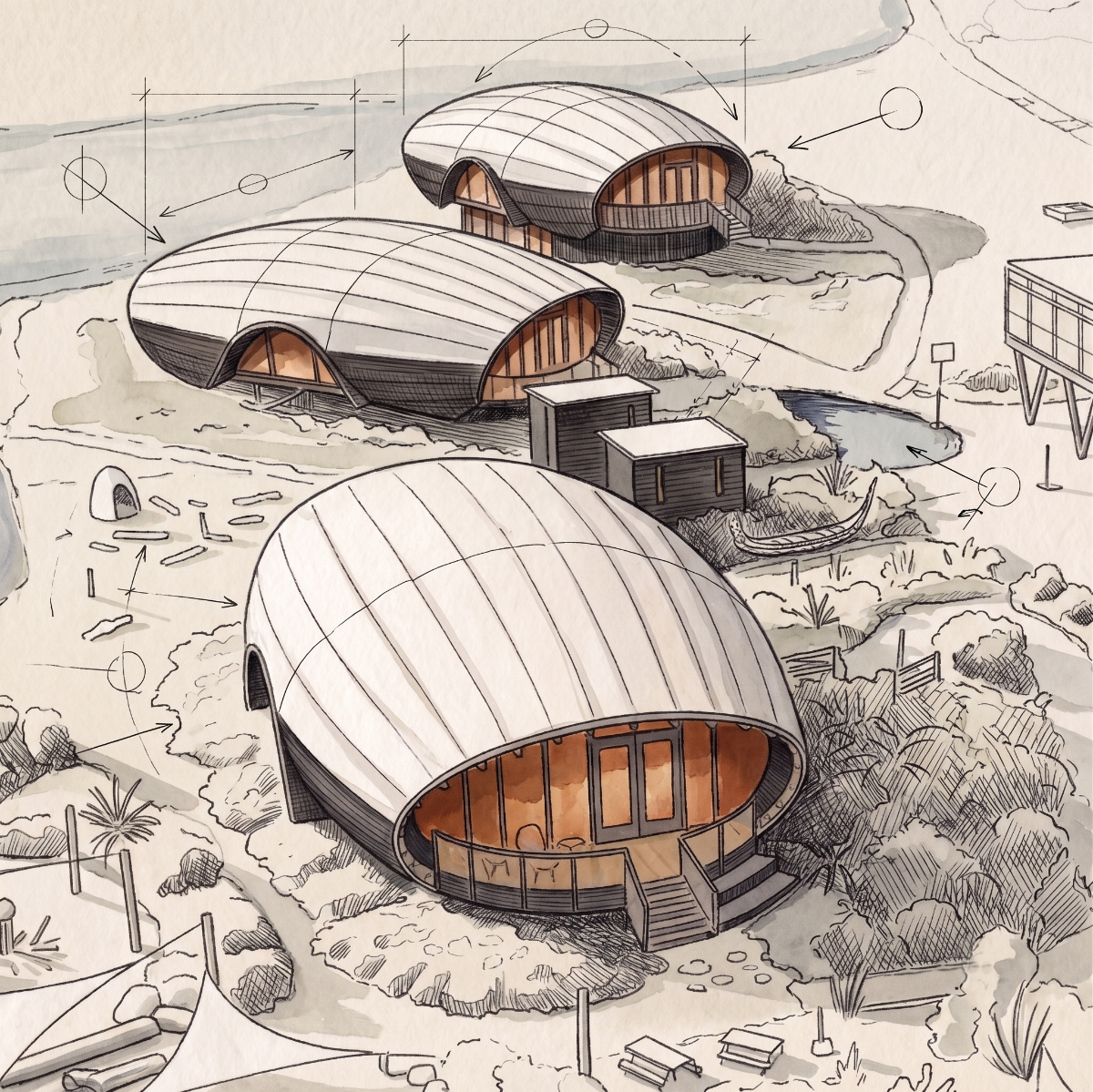 Illustrated architectural study of Green School Waka buildings within a landscaped campus.