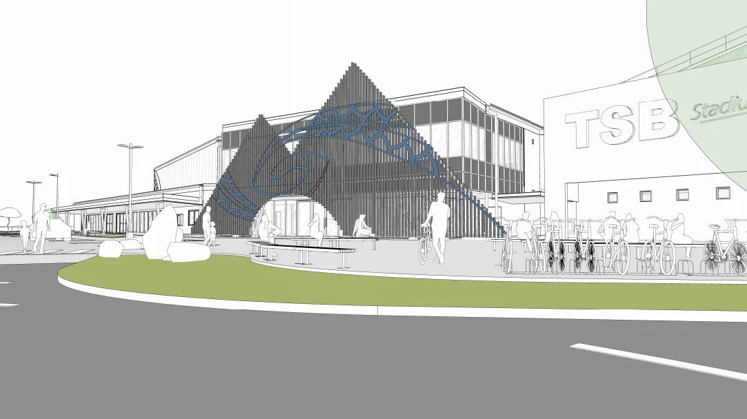 Context model view of Tūparikino Active Community Hub and surrounding landscape proposal.