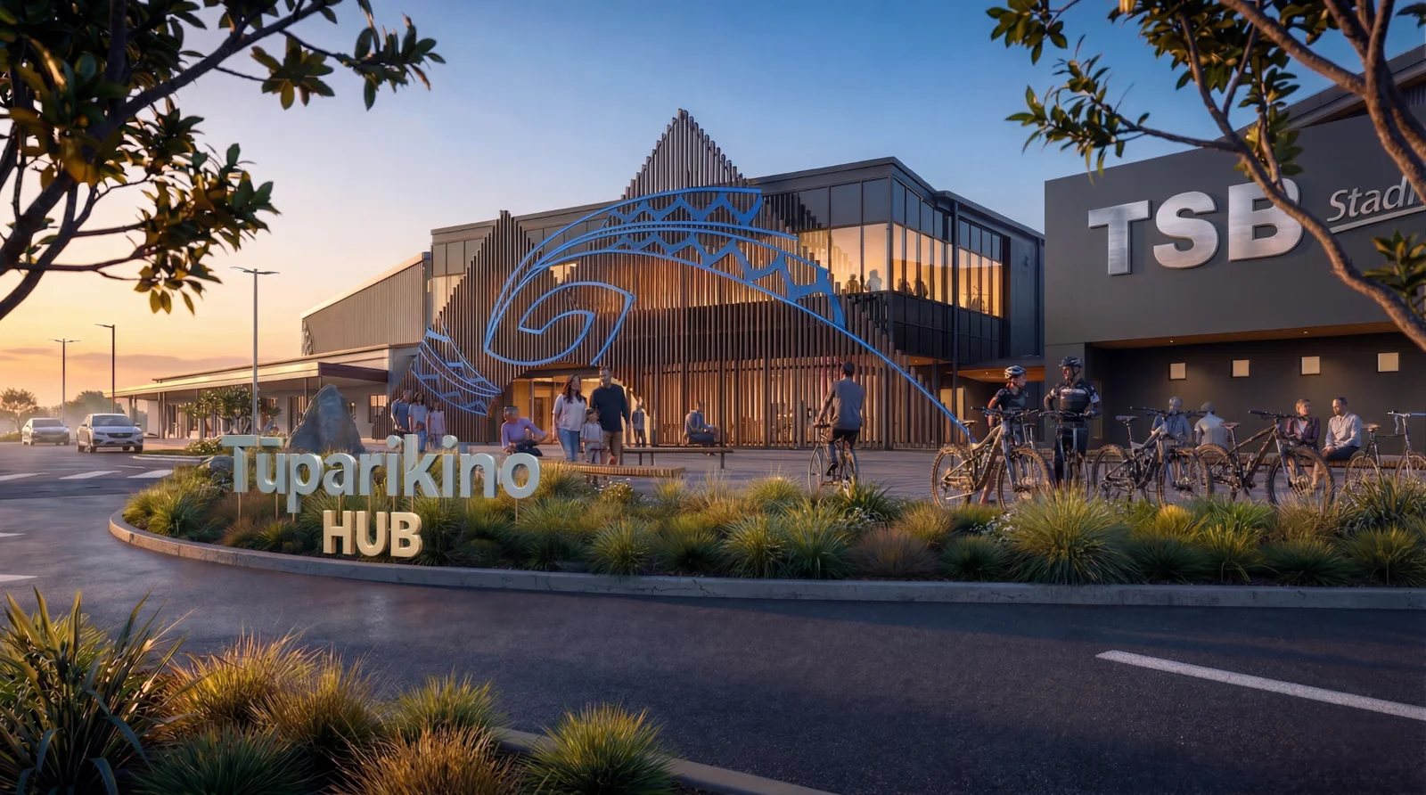 AI-assisted visualisation of Tūparikino Active Community Hub showing the main entrance, landscape setting and cultural artwork.