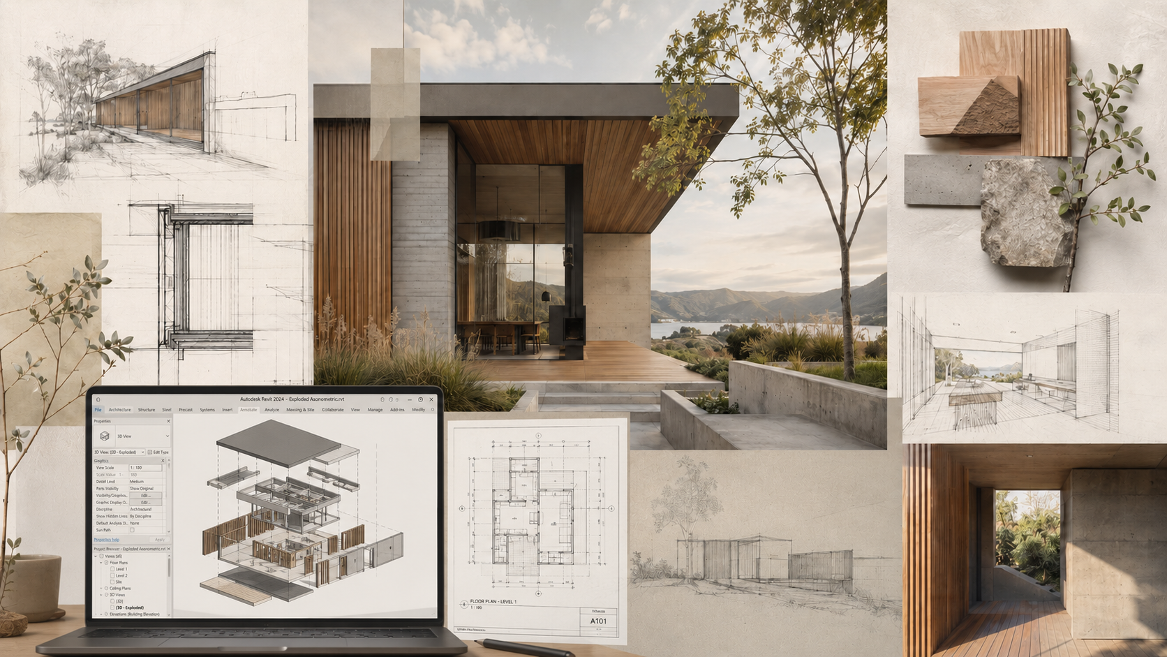Studio Miuka architectural process board combining sketches, material studies, spatial models and visualisation.