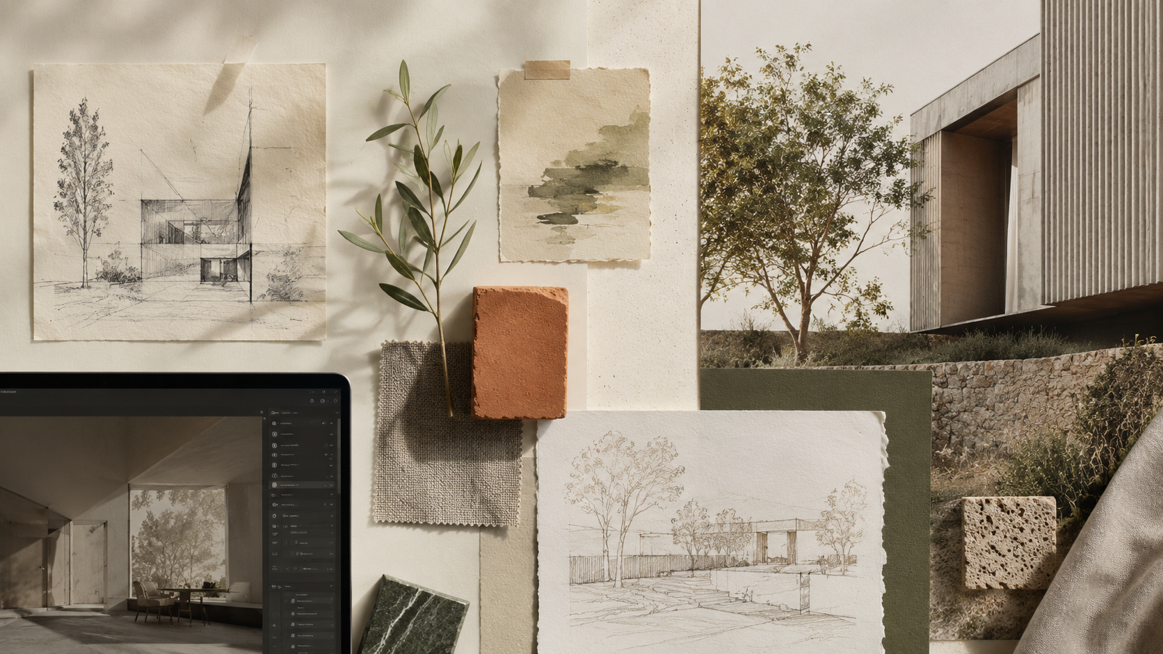 Studio Miuka creative process composition with architectural sketches, material studies, planting and a digital visualisation interface.