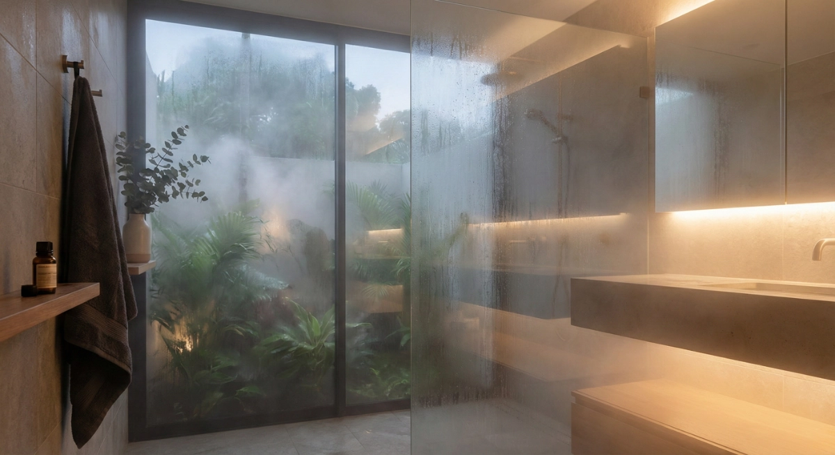 Textured bathroom interior with warm timber and restrained natural materials.