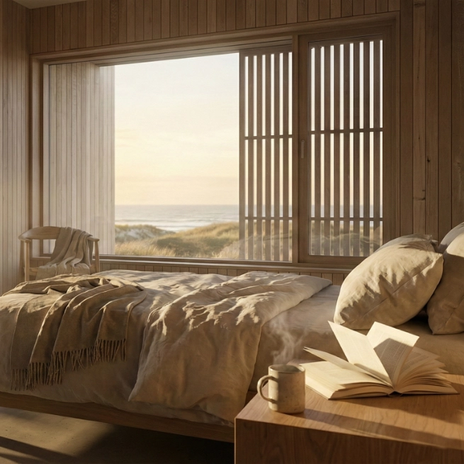 Calm bedroom with timber surfaces and soft natural light.