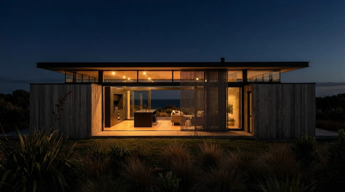 The coastal bach glowing warmly at night beneath a dark sky.