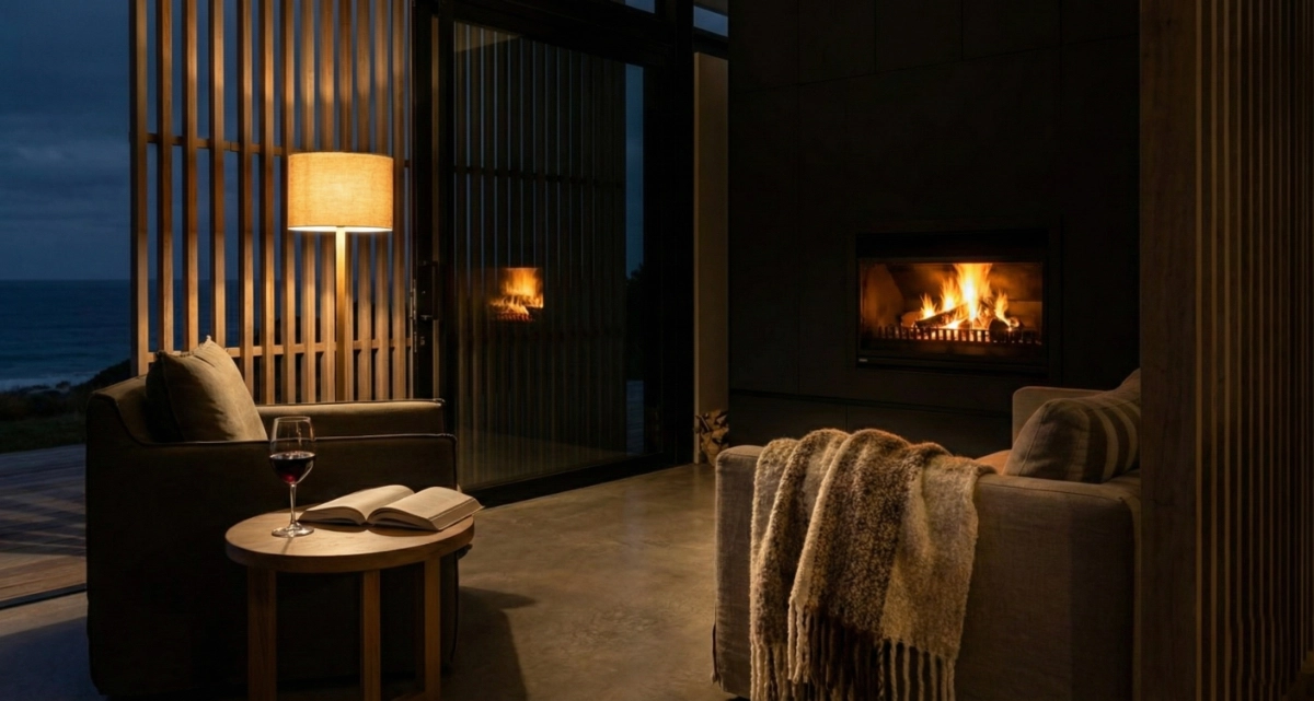 An intimate fireplace moment casting warm light across the bach interior.