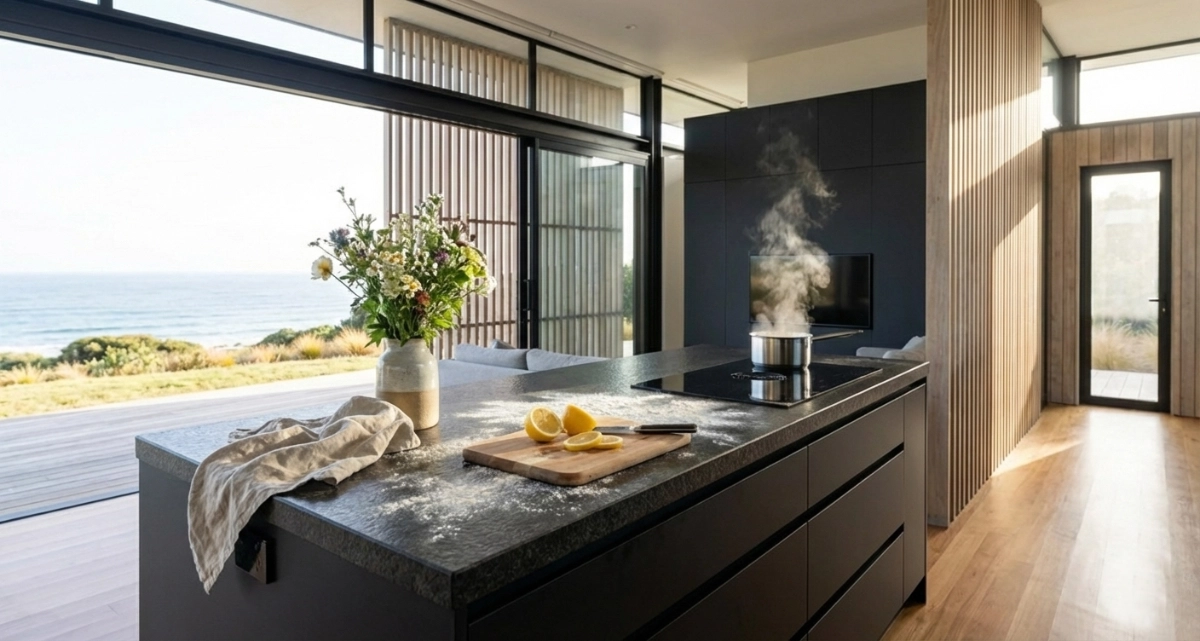 Generous timber kitchen and dining interior opening toward the coastal landscape.
