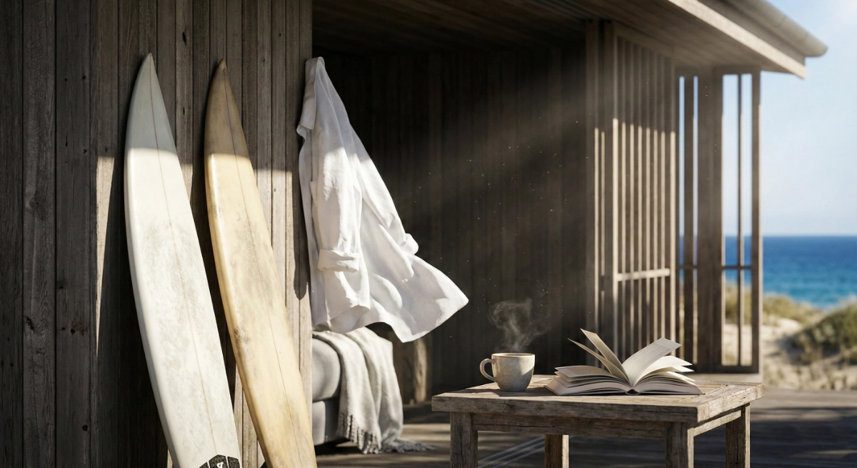 Surfboards resting by the bach, suggesting daily life beside the coast.