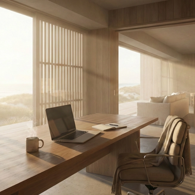 Compact timber-lined workspace inside the coastal bach.